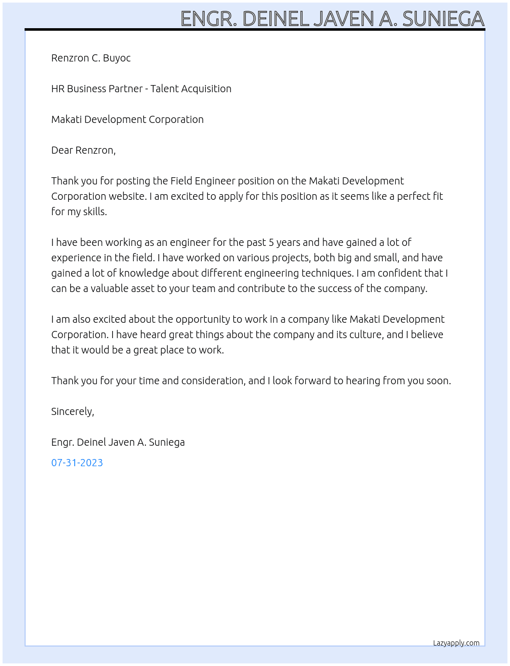 Field Engineer At Makati Development Corporation Cover Letter