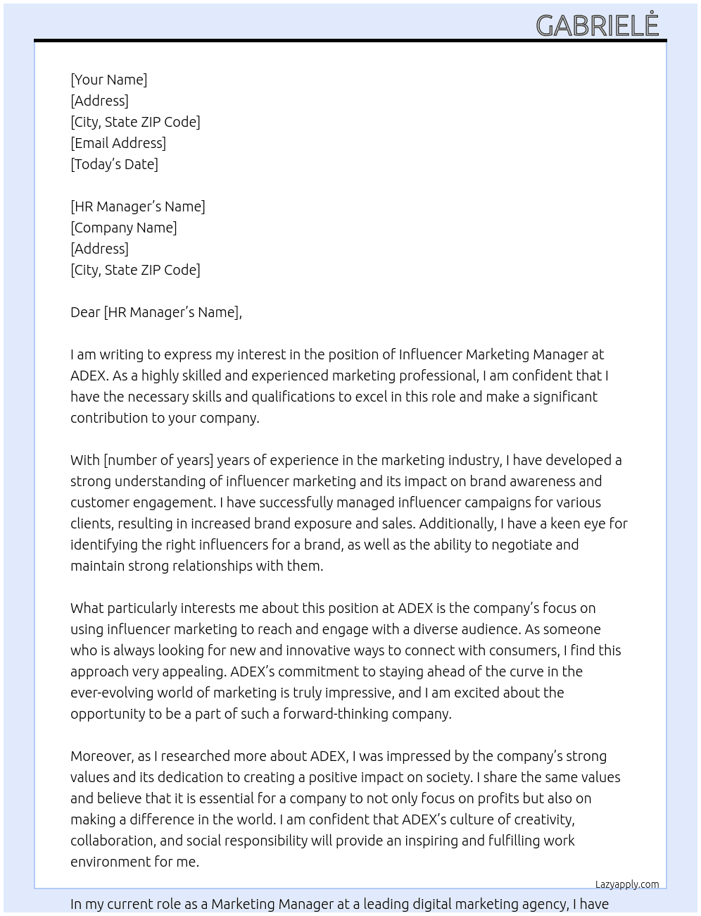 influencer marketing manager At ADEX Cover Letter