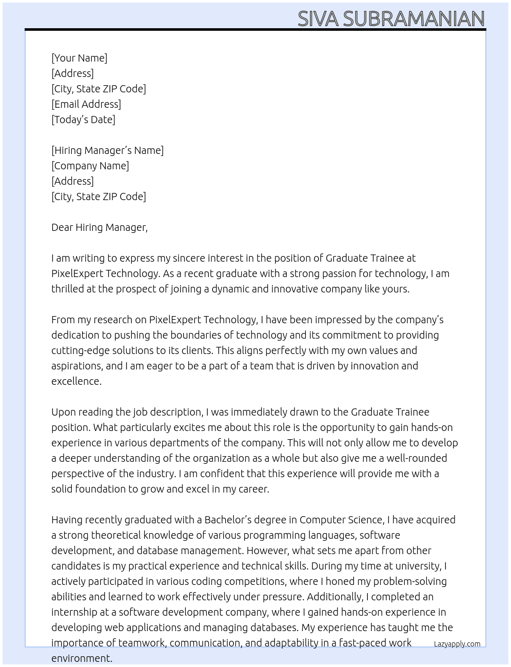 graduate trainee At PixelExpert Technology Cover Letter