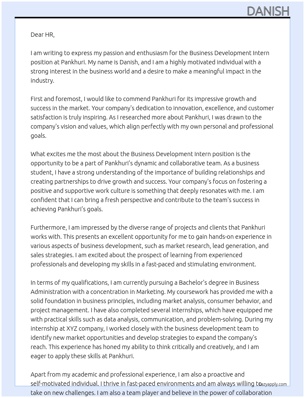 Business Development Intern At Pankhuri Cover Letter
