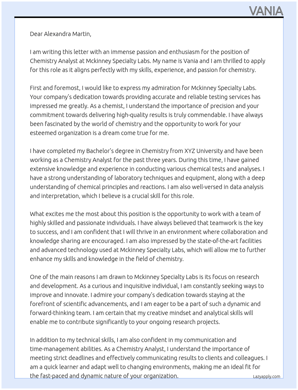 Chemistry Analyst At Mckinney Specialty Labs Cover Letter