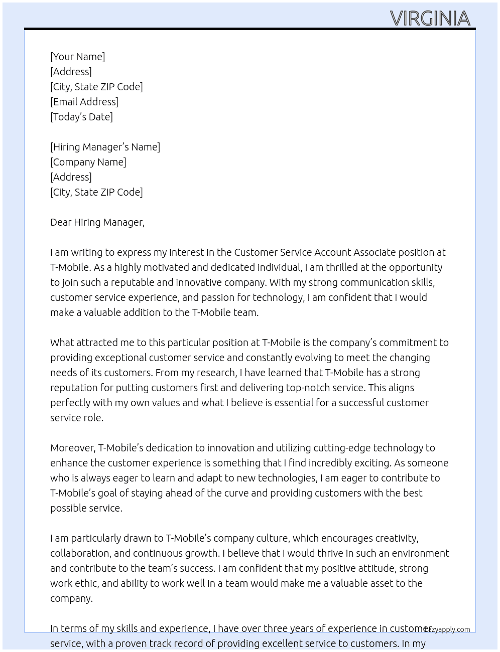 Customer Service Account Associate At T-Mobile Cover Letter
