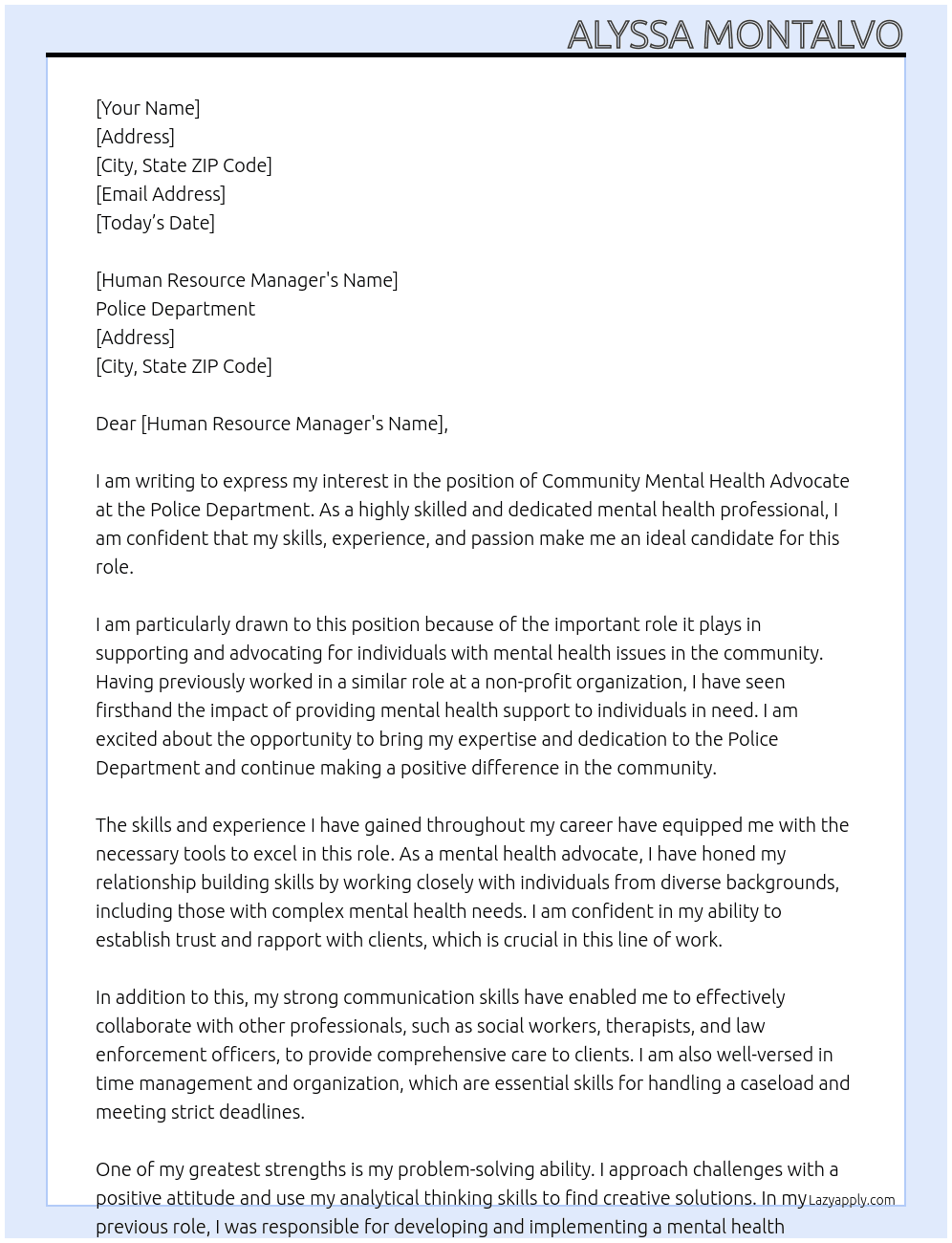 Community Mental Health Advocate At Police Department  Cover Letter
