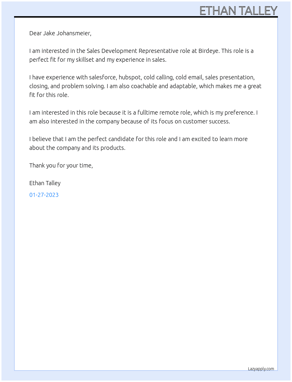 Sales Development Representative At Birdeye Cover Letter