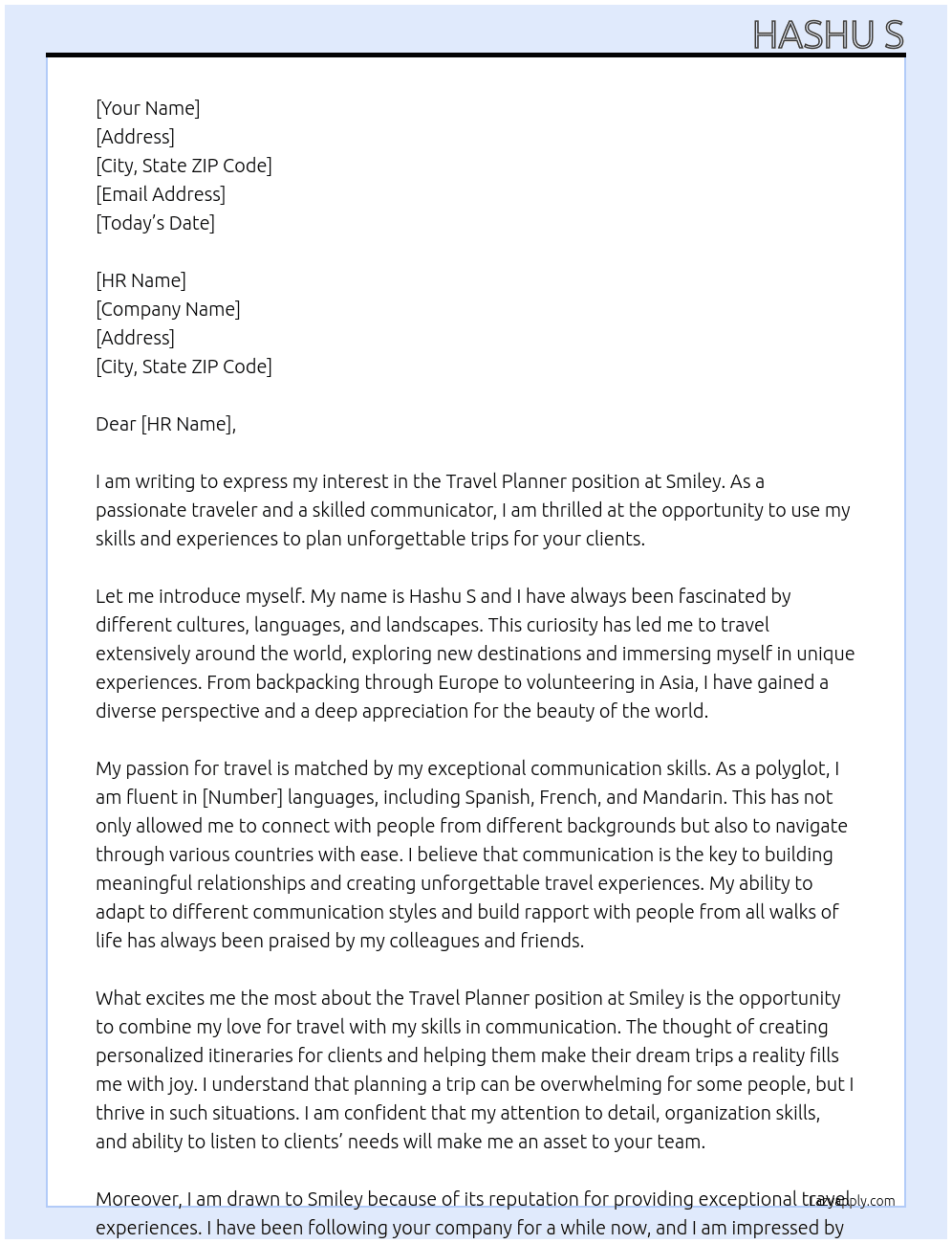 Travel planner At smiley Cover Letter