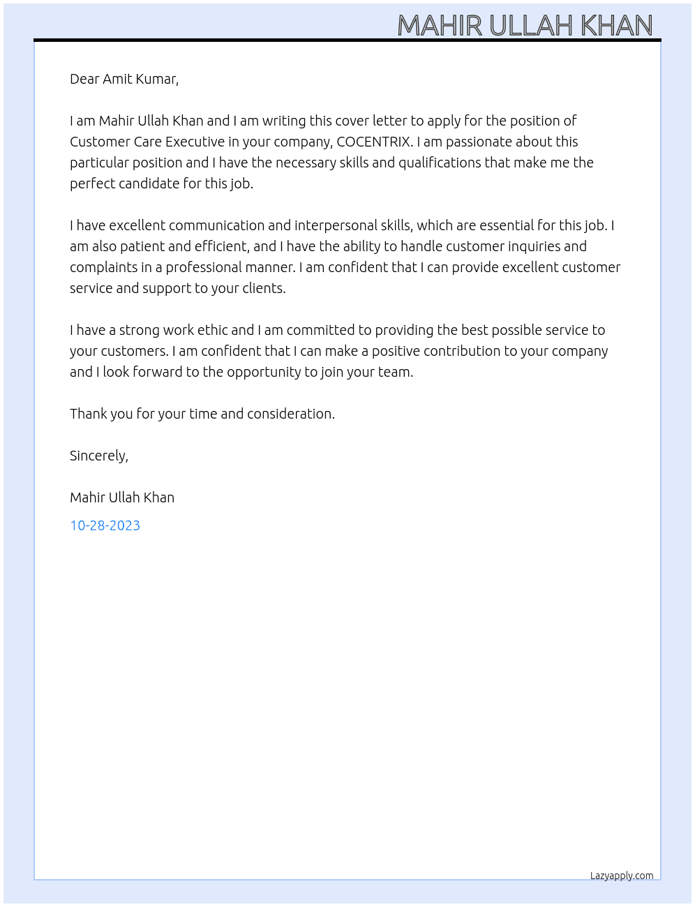 CUSTOMER CARE EXECUTIVE At COCENTRIX  Cover Letter