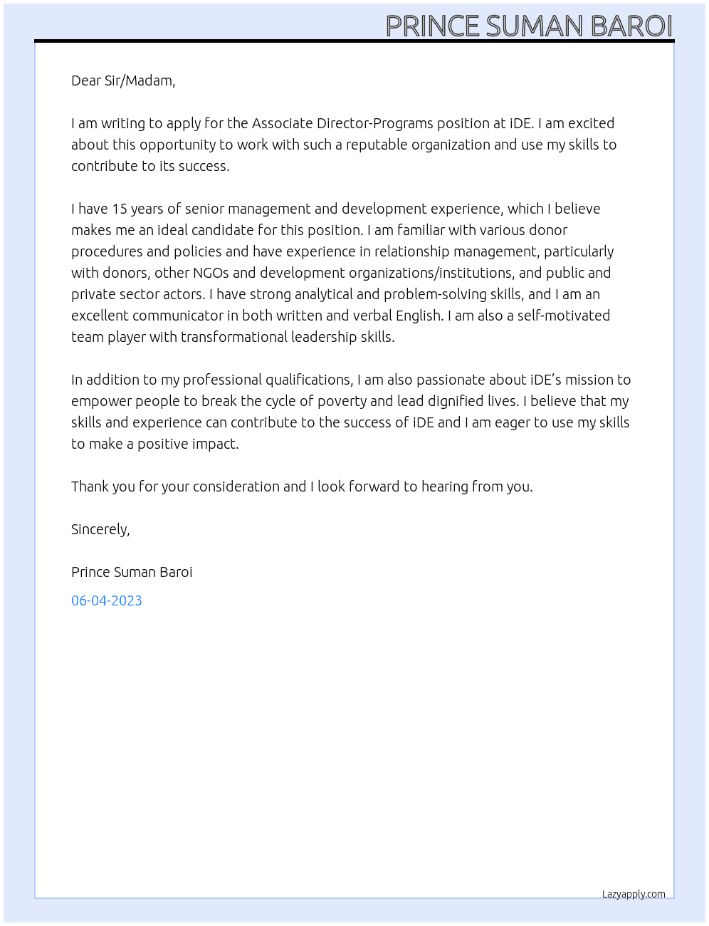 Associate Director-Programs At iDE Cover Letter