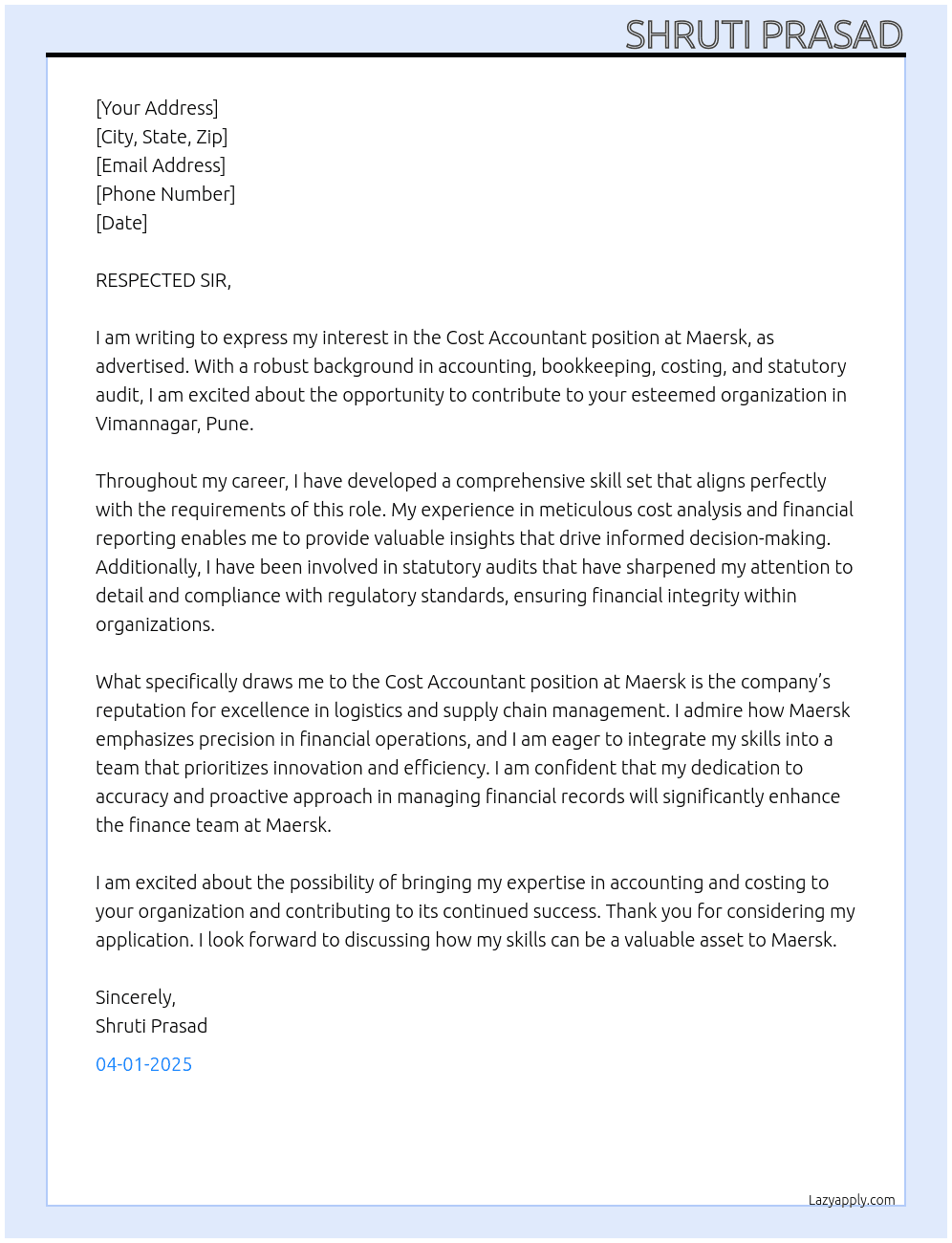 Cover letter for cost accountant - LazyApply