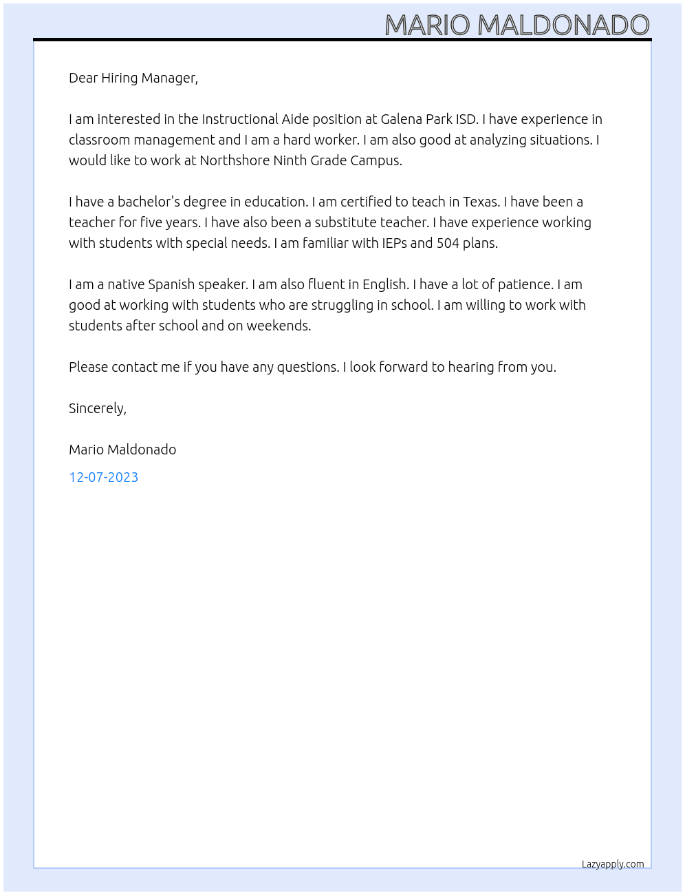 Instructional Aide At Galena Park ISD Cover Letter