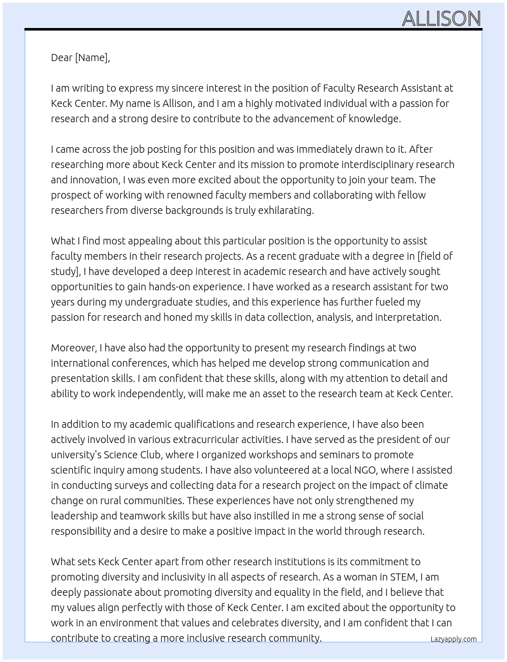 Faculty Research Assistant At Keck Center Cover Letter