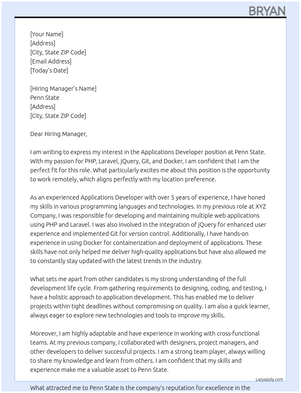 Applications Developer At Penn State Cover Letter