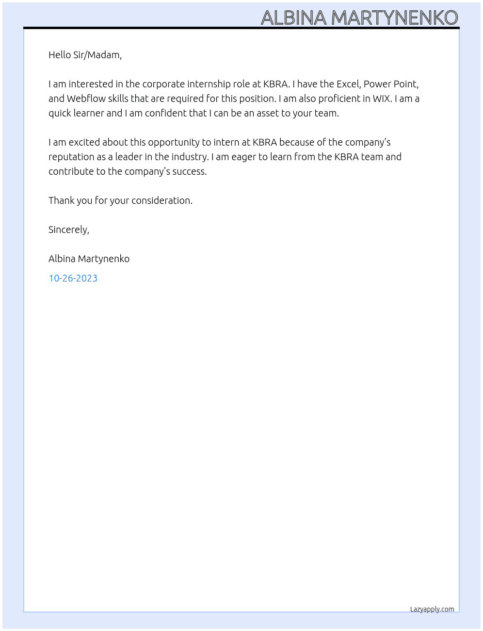 Corporate  At KBRA Cover Letter