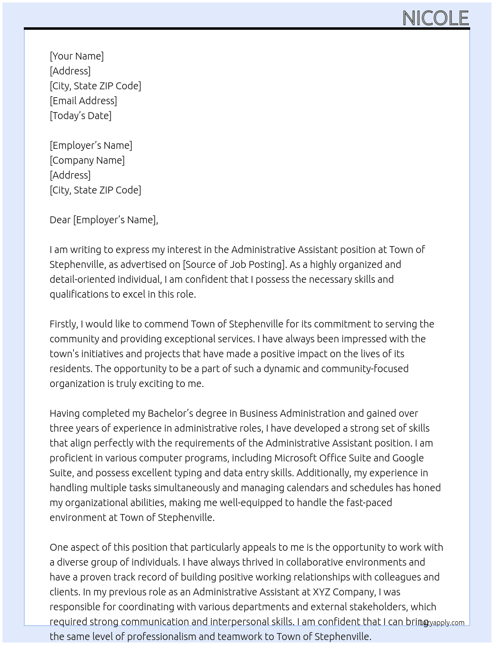 Administrative Assistant  At Town of Stephenville Cover Letter
