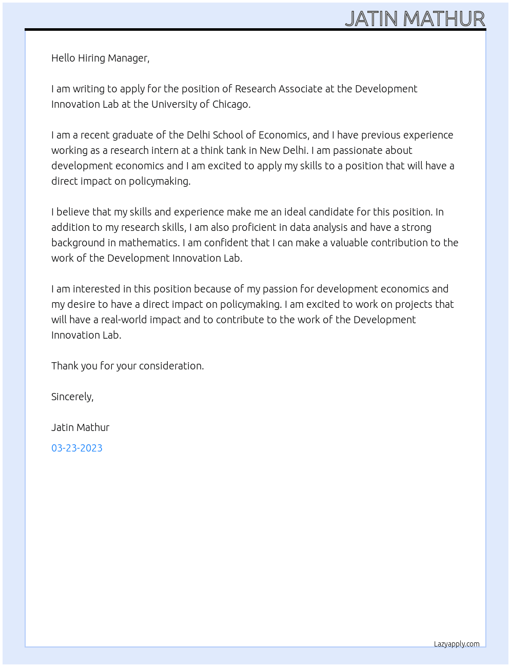 Research Associate At Development Innovation Lab, University of Chicago Cover Letter