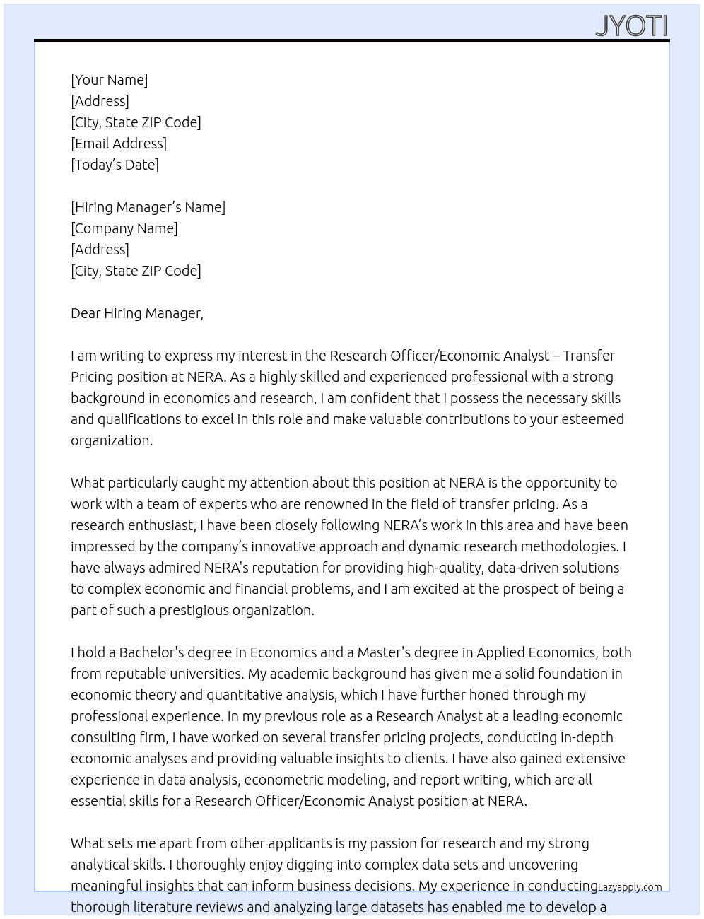 Research Officer/ Economic Analyst - Transfer Pricing  At NERA Cover Letter