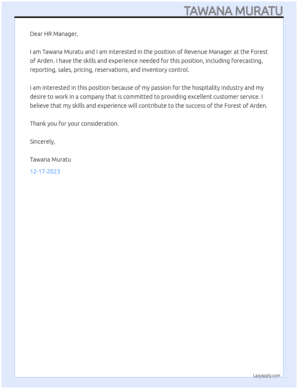 Revenue Manager At Forest of Arden Cover Letter