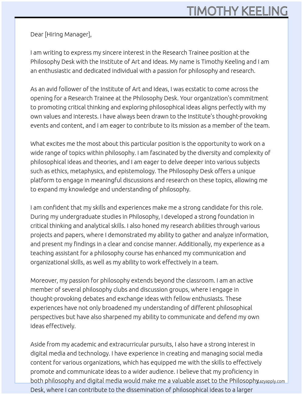 Research Trainee - Philosophy Desk At Institute of Art and Ideas Cover Letter