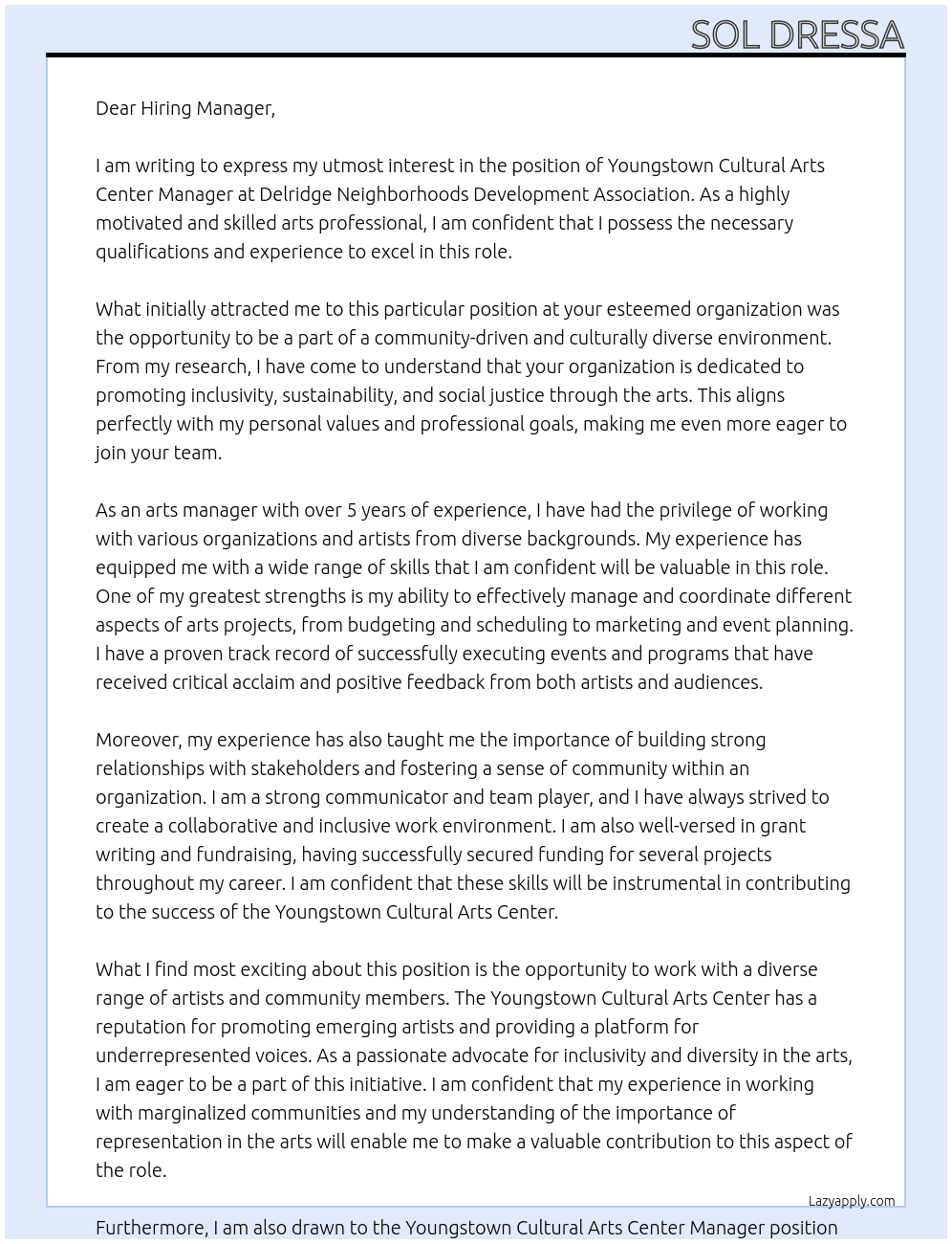 Youngstown Cultural Arts Center Manager At Delridge Neighborhoods Development Association Cover Letter
