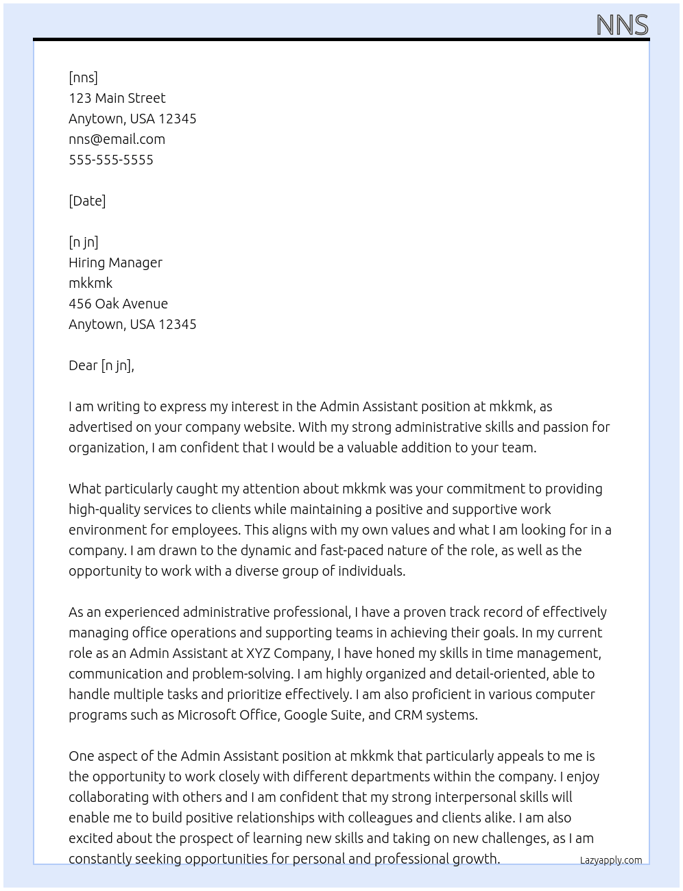 Admin Assistant  At mkkmk Cover Letter