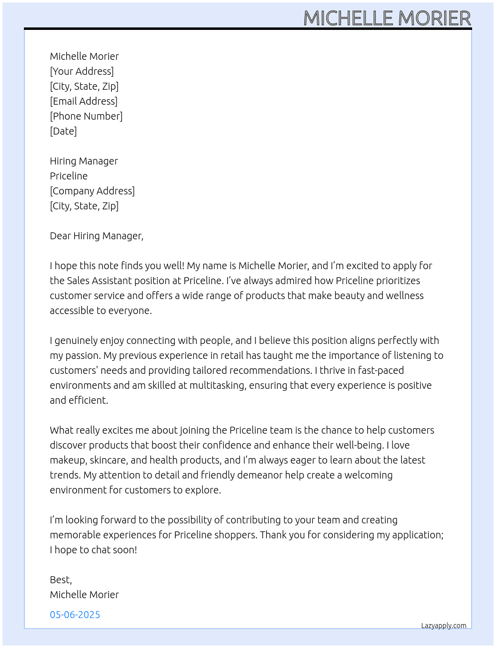 Sales Assistant At Priceline Cover Letter