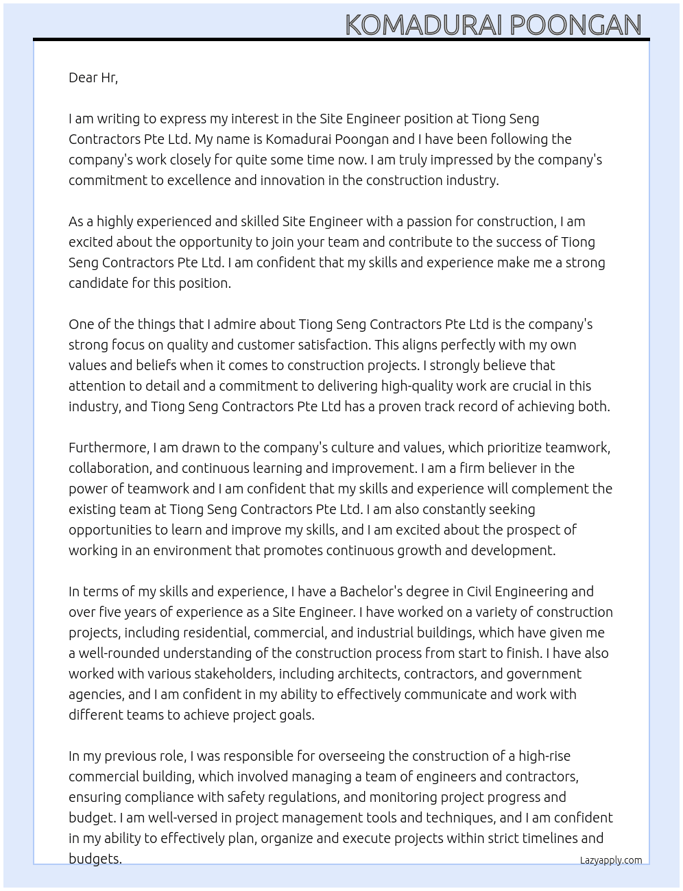 site engineer  At Tiong Seng Contractors Pte Ltd Cover Letter