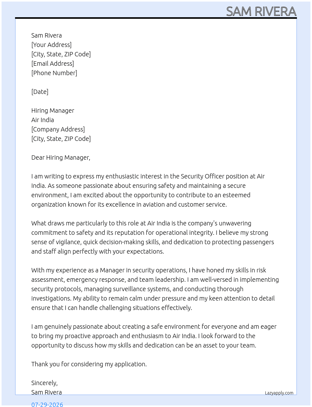 Cover letter for security officer - LazyApply