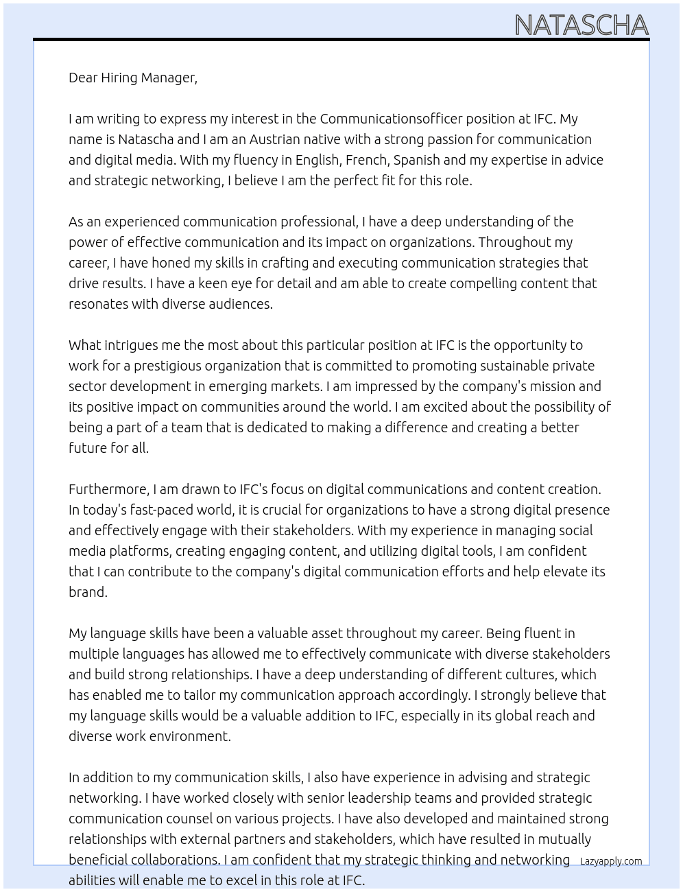 Communicationsofficer  At IFC Cover Letter