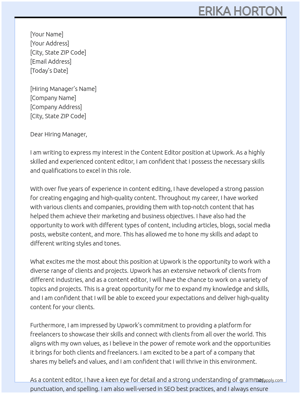 Content Editor  At Upwork  Cover Letter