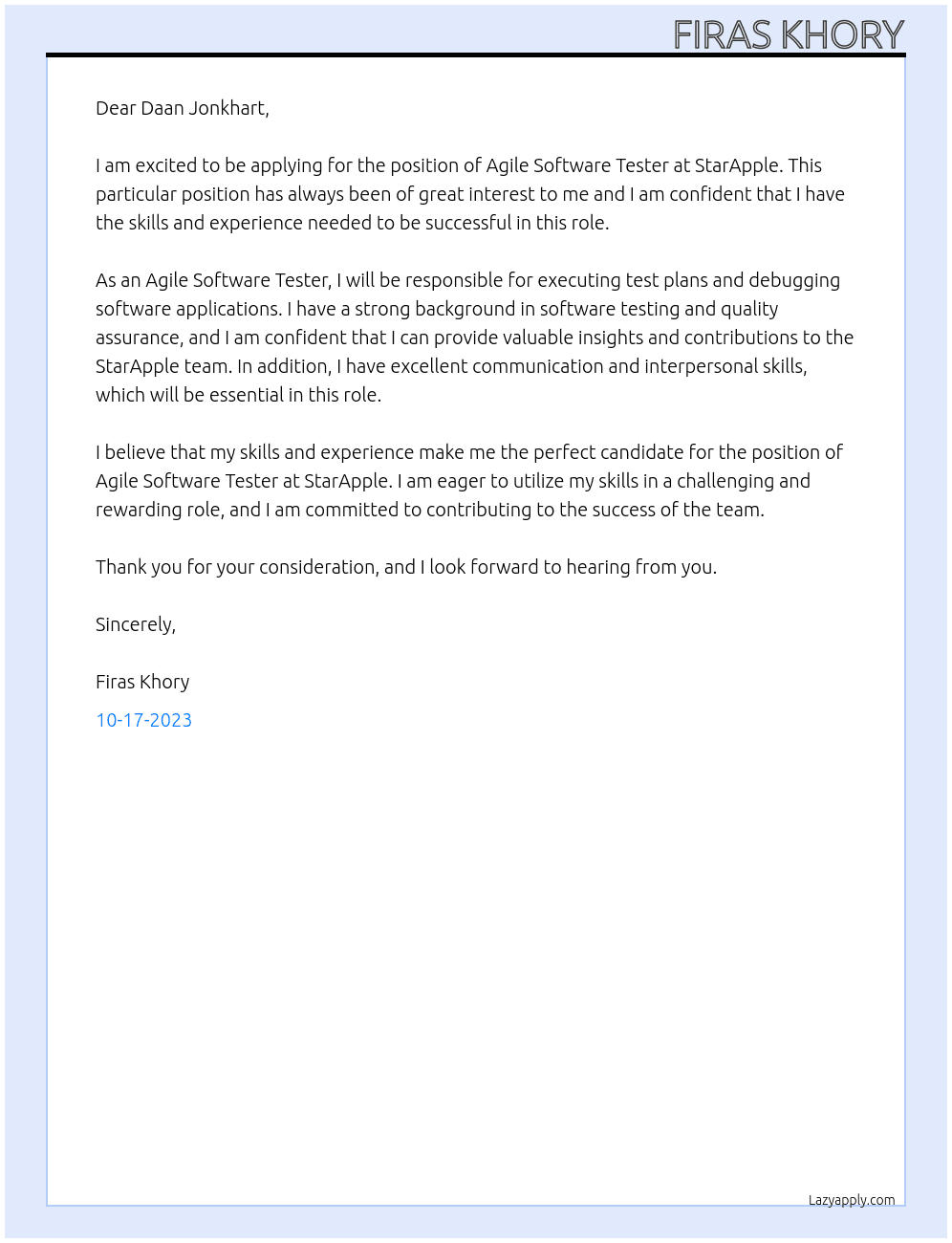 Agile Software Tester At StarApple Cover Letter