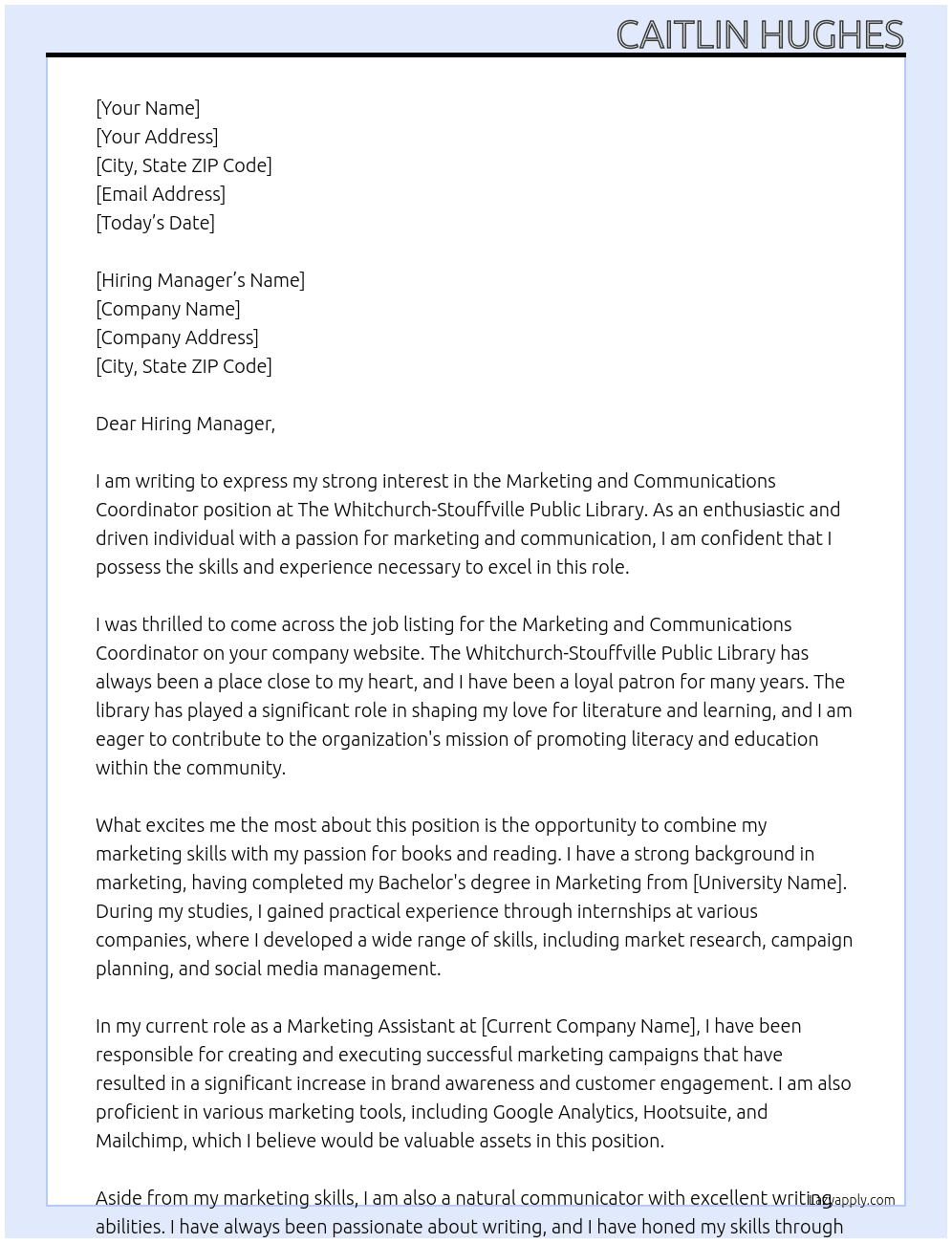  Marketing and Communications Coordinator At  The Whitchurch-Stouffville Public Library  Cover Letter