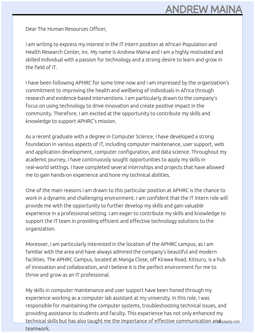 IT INTERN At African Population and Health Research Center, Inc Cover Letter