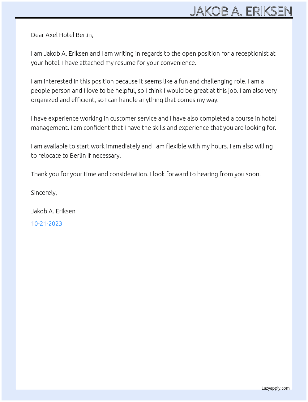 Receptionist At Axel Hotel Berlin Cover Letter