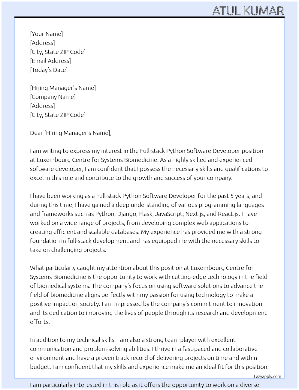 Full-stack Python software developer At Luxembourg Centre for Systems Biomedicine Cover Letter