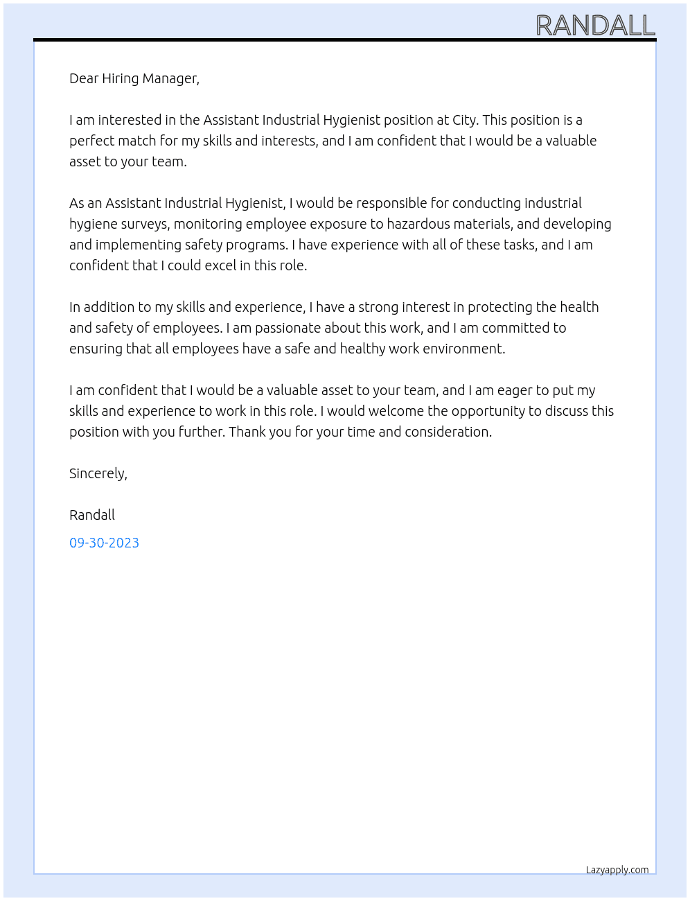 Assistant Industrial Hygienist At City Cover Letter