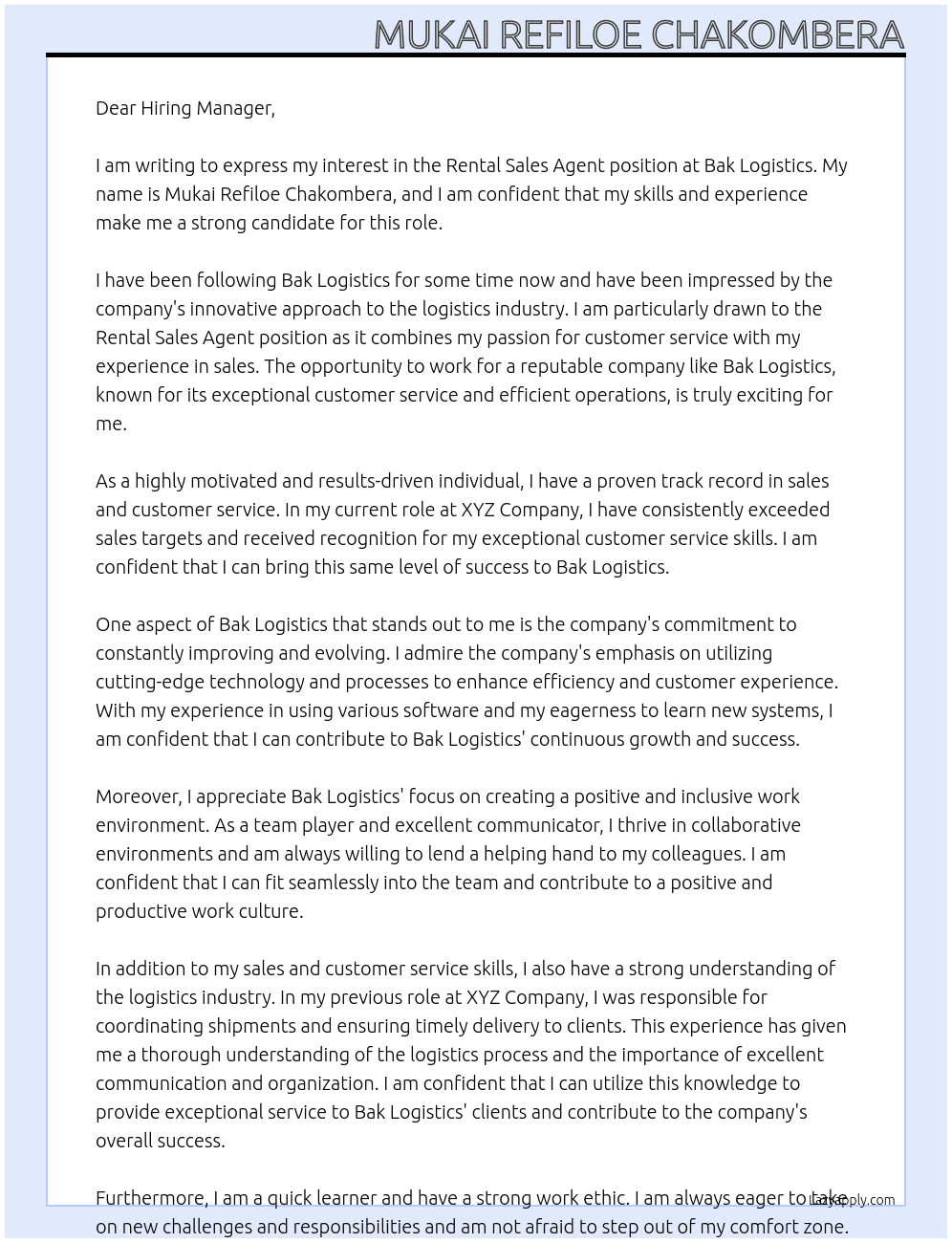 rental sales agent At Bak Logistics  Cover Letter