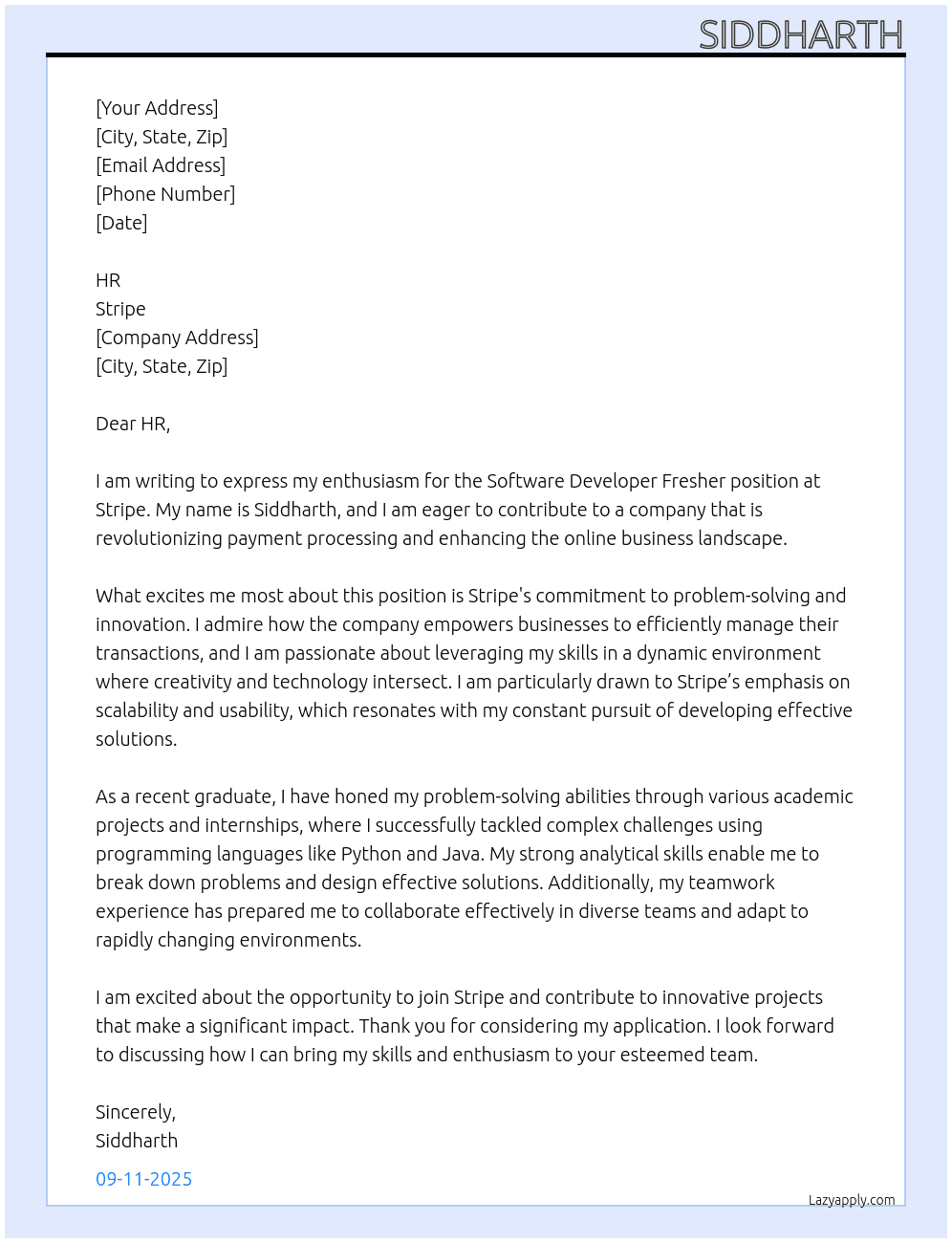 Cover letter for software developer fresher - LazyApply