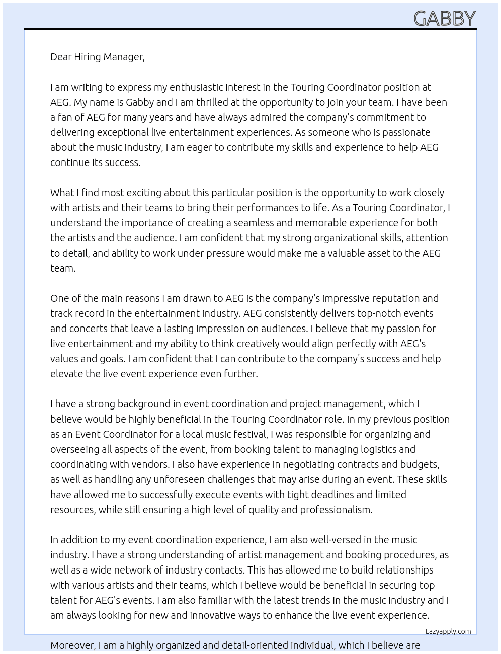 Touring Coordinator At AEG Cover Letter