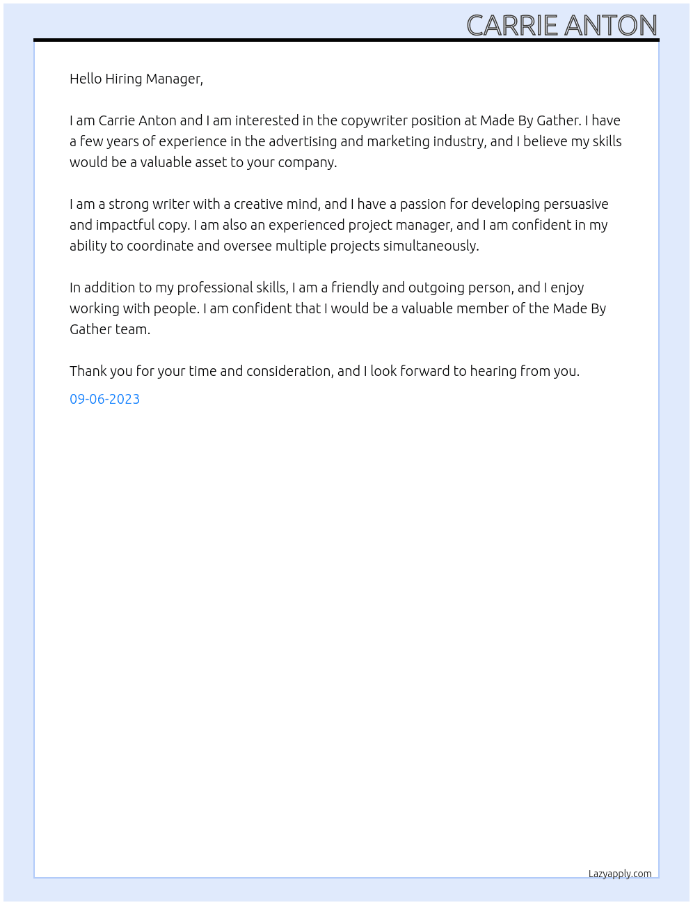 Copywriter At Made By Gather Cover Letter