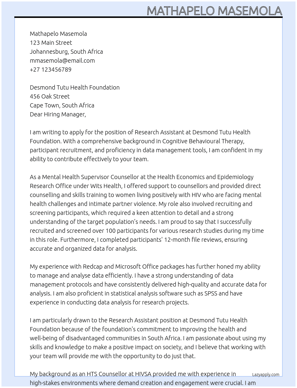 Research Assistant  At Desmond Tutu Health Foundation Cover Letter