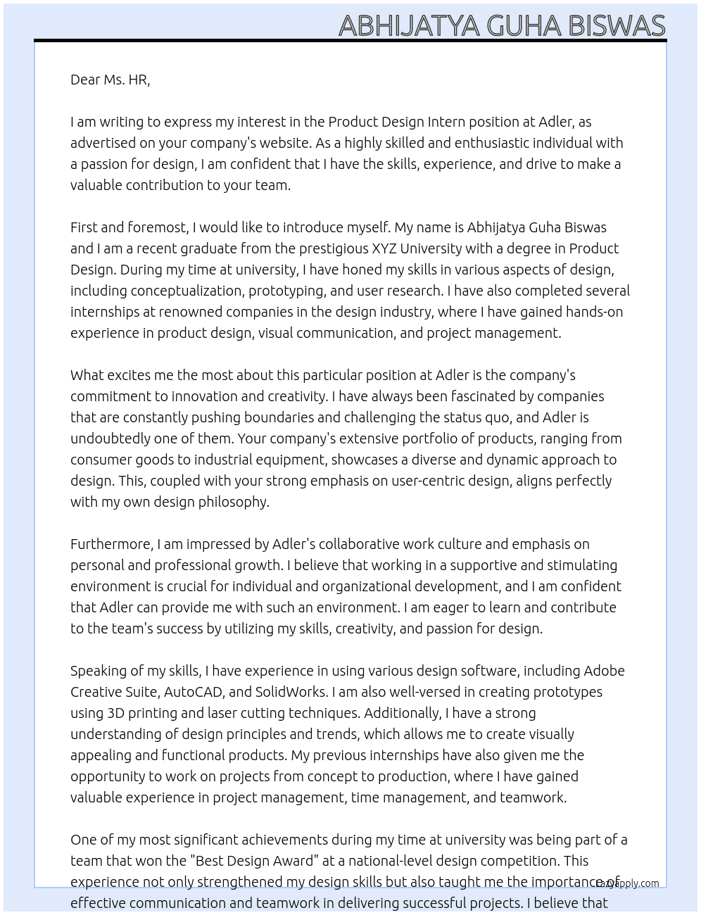 product design intern At Adler Cover Letter