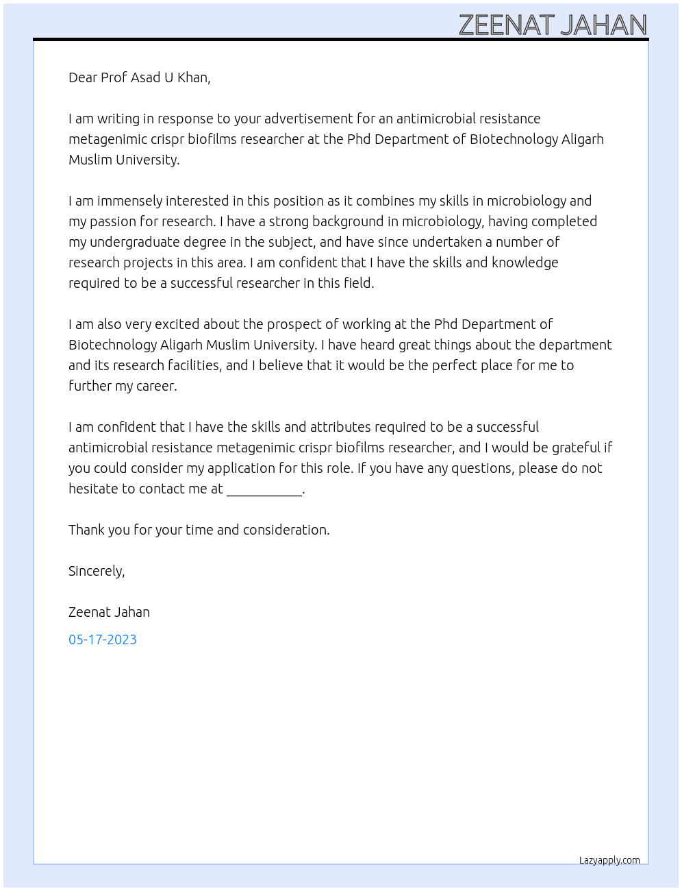 antimicrobial resistance metagenimic crispr biofilms At Phd Department of Biotechnology Aligarh Muslim University Cover Letter