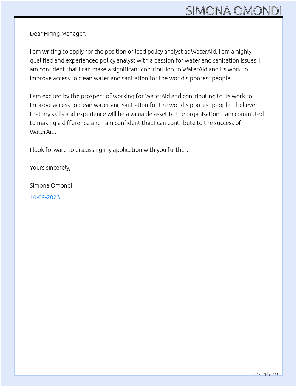 lead policy analyst At WaterAid Cover Letter
