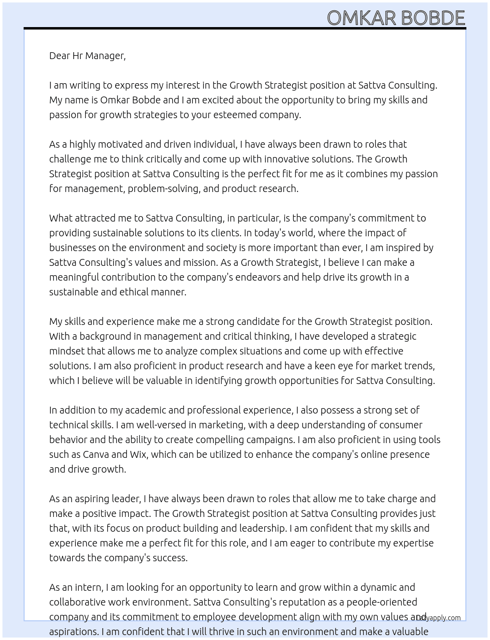 Growth Strategist At Sattva Consulting Cover Letter