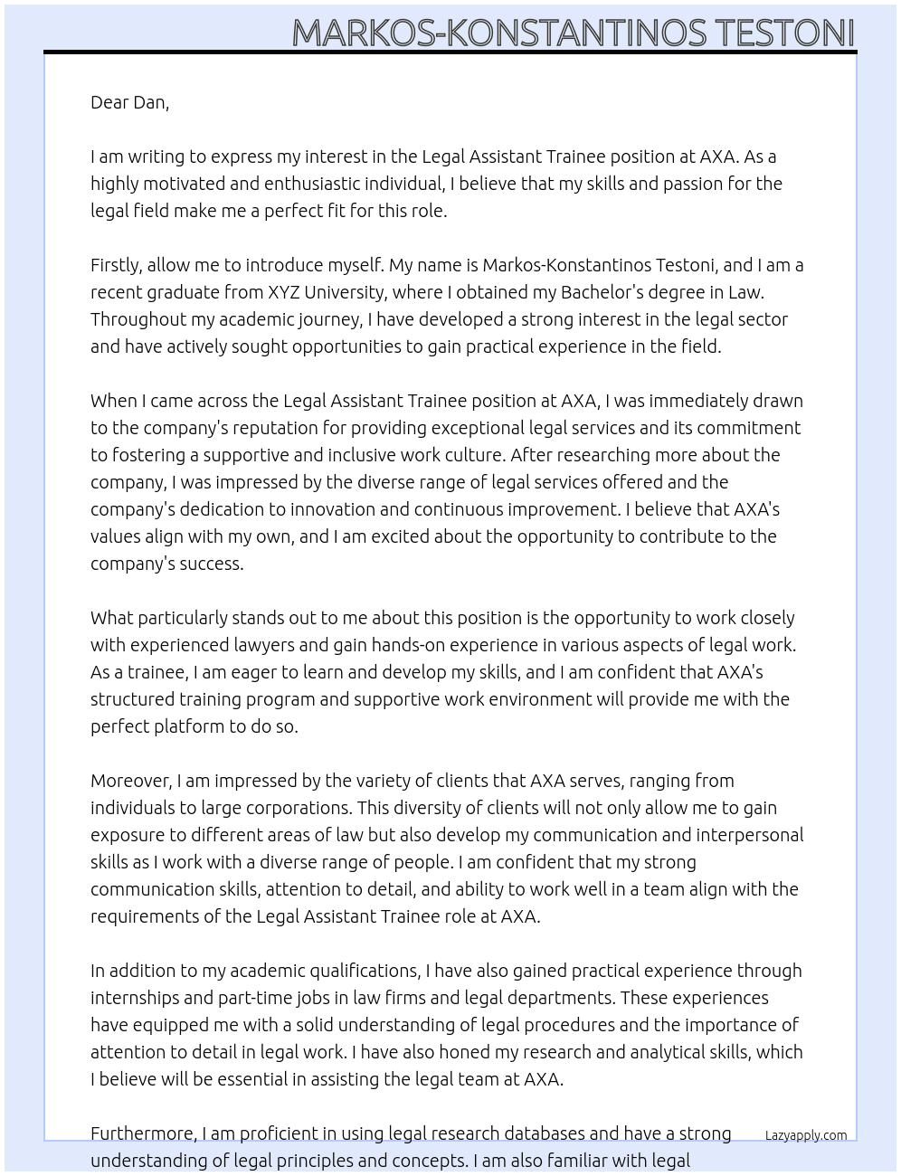 Legal Assistant Trainee At AXA Cover Letter