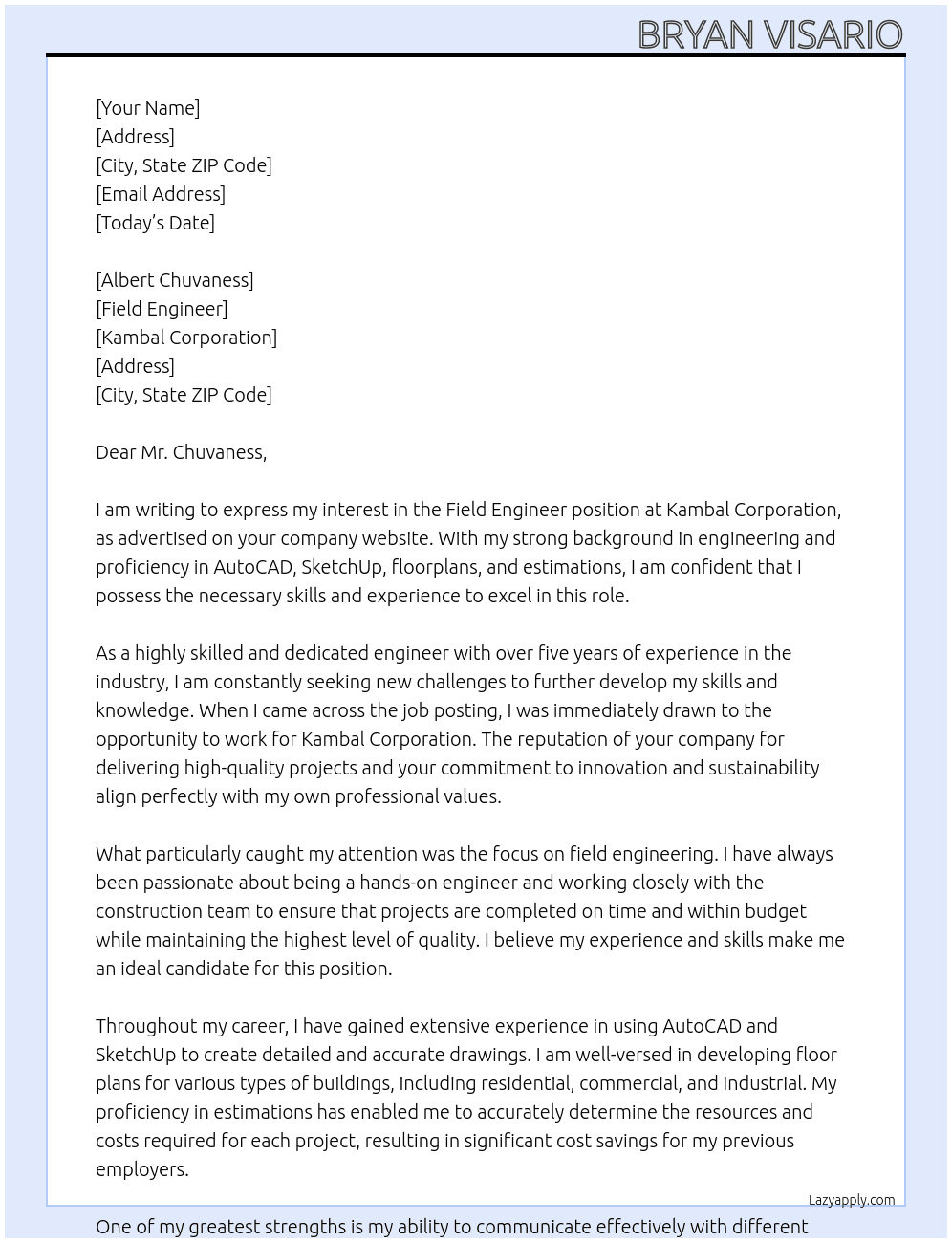 field engineer At kambal corporation Cover Letter