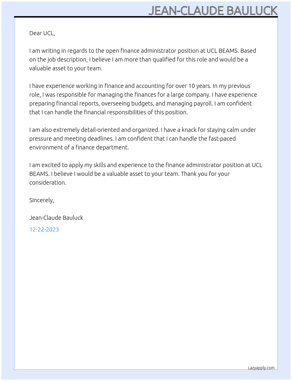 Finance Administrator At UCL BEAMS Cover Letter