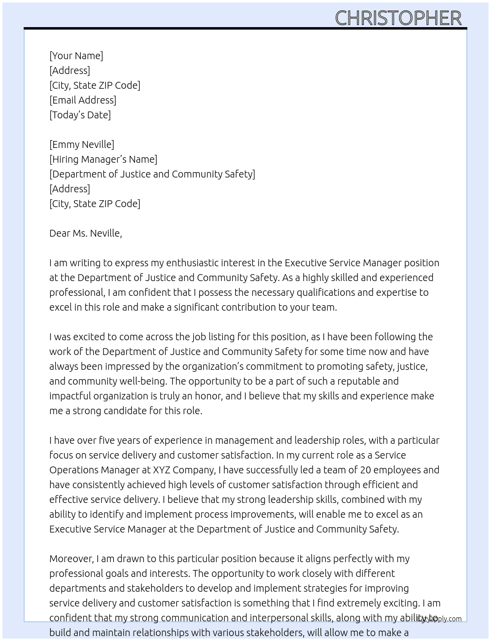 Executive Service Manager At Department of Justice and Community Safety Cover Letter