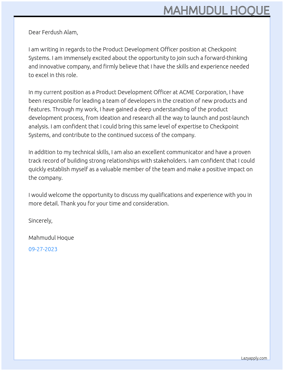  Product Development Officer  At Checkpoint Systems Cover Letter