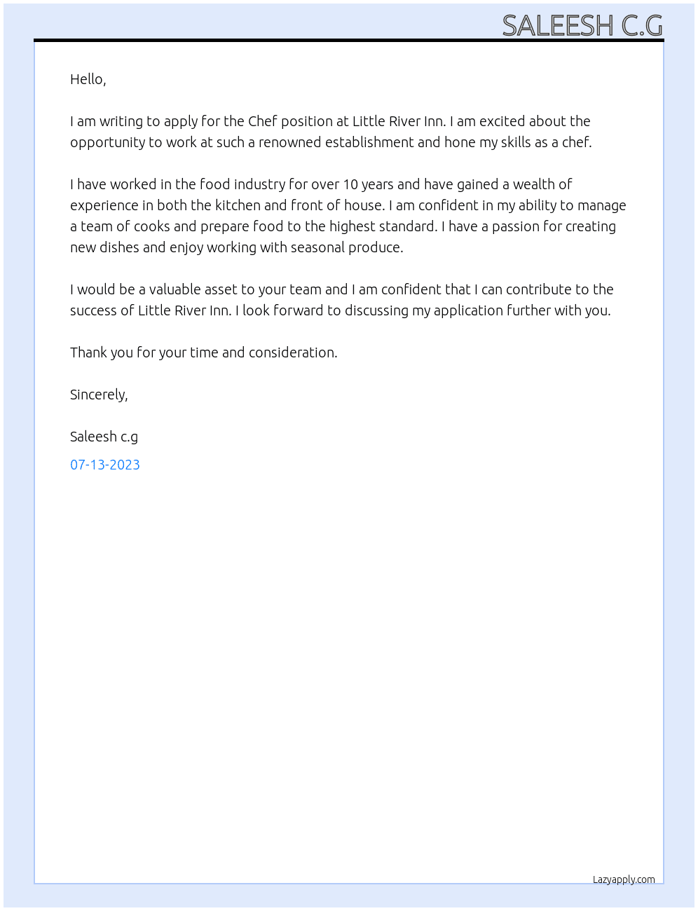 Chef At Little River Inn Cover Letter