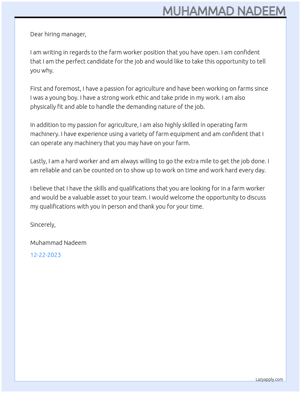 farm worker At westlnk  Cover Letter